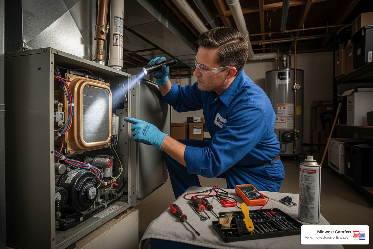 A professional HVAC technician carefully inspecting the internal components of a furnace, demonstrating expertise and thoroughness during a maintenance check - furnace tune up des moines A professional HVAC technician carefully inspecting the internal components of a furnace, demonstrating expertise and thoroughness during a maintenance check - furnace tune up des moines