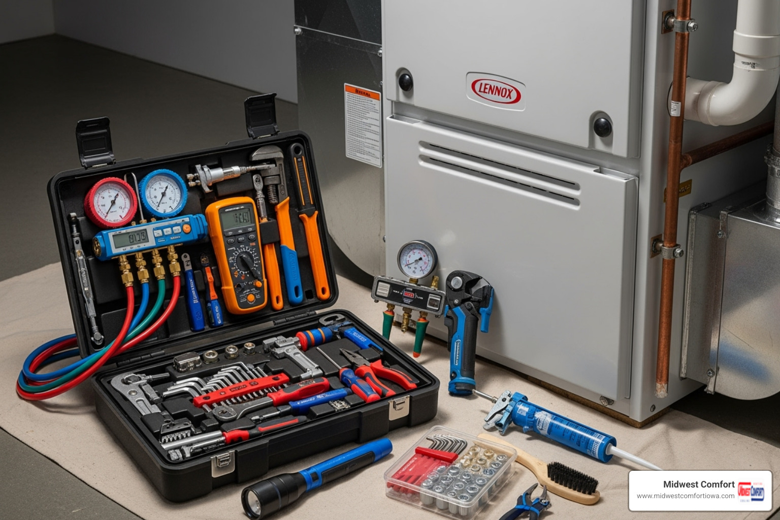A professional HVAC technician's toolkit neatly arranged next to a clean, modern furnace, highlighting precision and expertise in maintenance - furnace tune up des moines A professional HVAC technician's toolkit neatly arranged next to a clean, modern furnace, highlighting precision and expertise in maintenance - furnace tune up des moines
